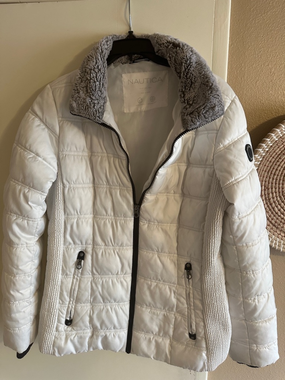 Nautica White Quilted Puffer Jacket with Gray Sherpa Collar